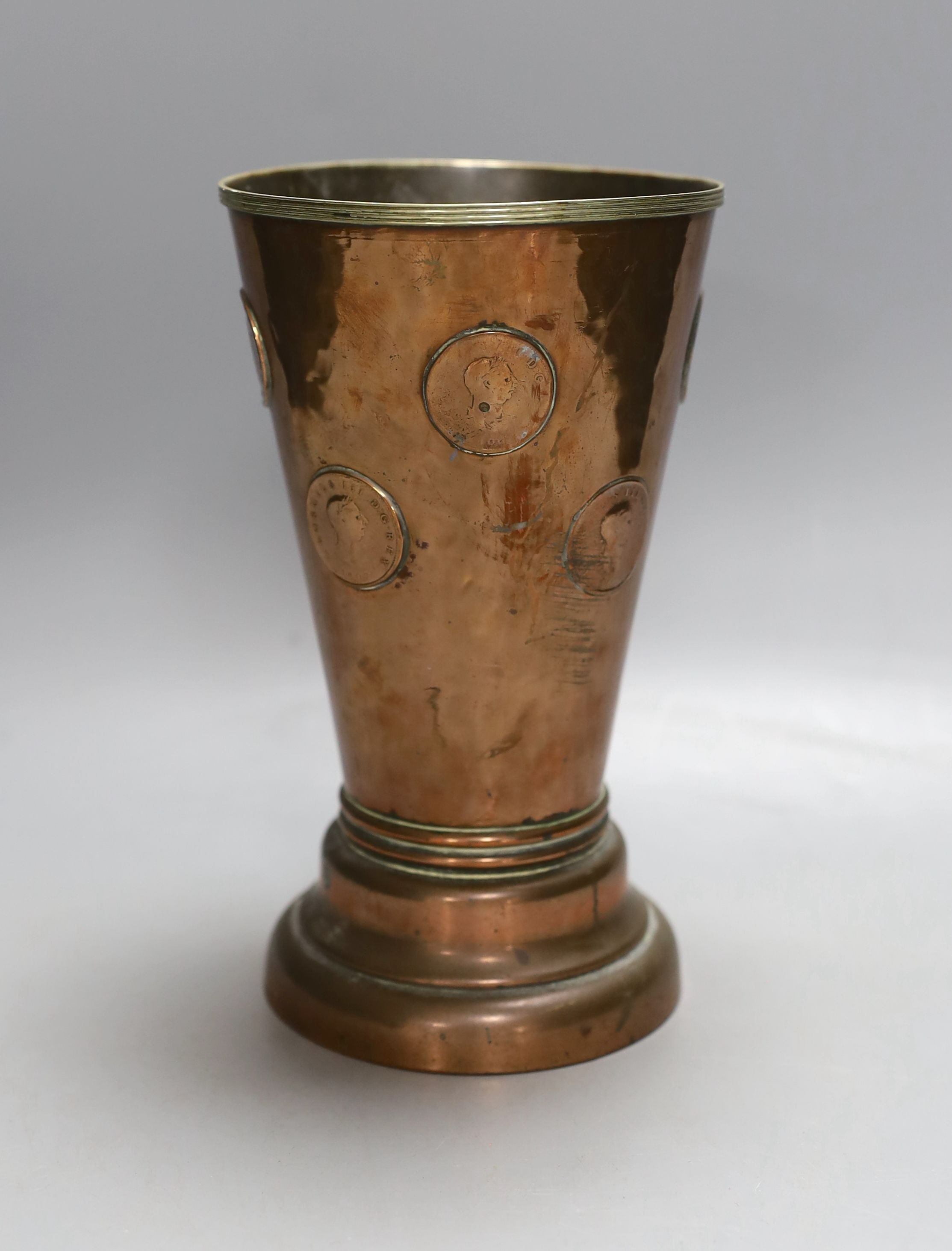 A Georgian copper gaming cup with dice in base, 20cm